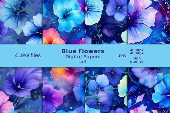 Indulge in the Tranquility of Blue Flowers Digital Paper and Patterns