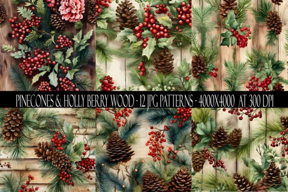 Pinecones and Holly Berry Wood Patterns: A Versatile Design Resource for Creative Professionals